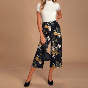 Black Floral Print Satin Wide-Leg Pants